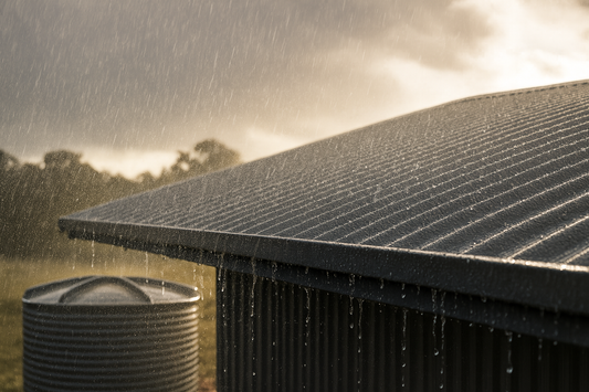 Rainfall running off a house roof into gutters, showing how rainwater can be collected and stored in water tanks in Tasmania.